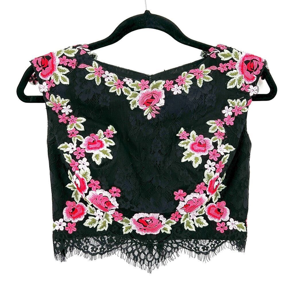 DAVE & JOHNNY Black Pink Floral Embroidered Open Back Lace Crop Top Size 3 / 4